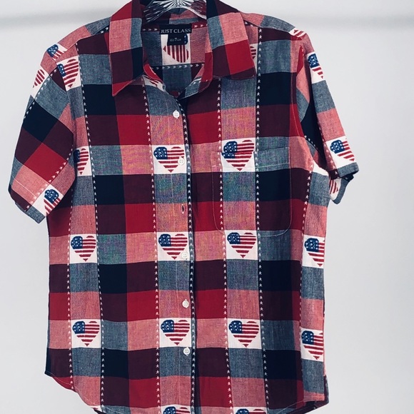 Womens Shirt Short Sleeve Button Red White Blue sz Medium - Picture 7 of 9